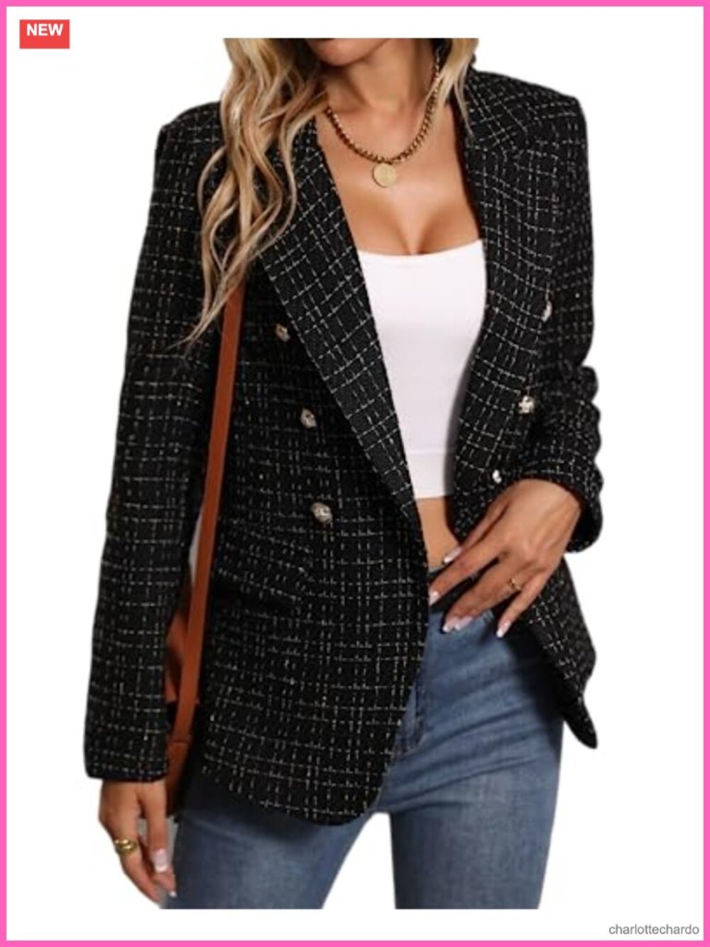 Tweed Plaid Blazer Peaked Lapel Double-Breasted Business Casual Coat